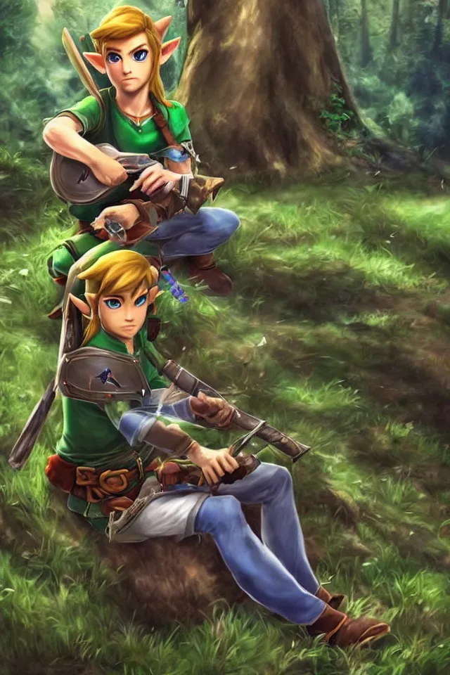 Image similar to a photorealistic portrait of link sitting in woods of hyrule playing ocarina, with a crystal texture and a dreamy atmosphere ， super wide angle ， matte painting ， rtx on ， trending on zelda ocarina of time