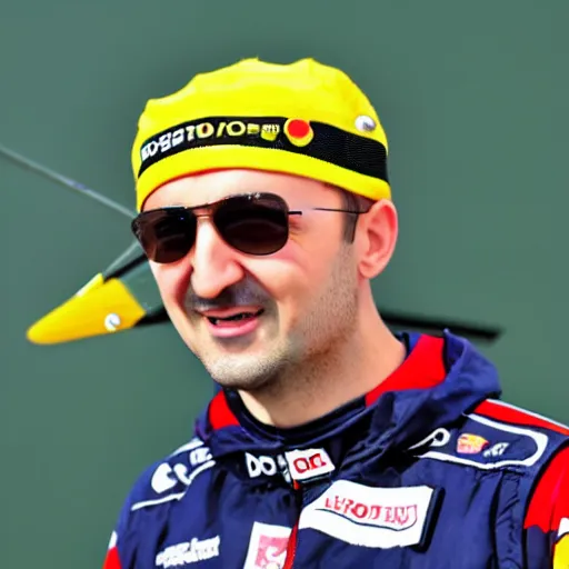 Image similar to Robert Kubica in a colorful helicopter hat with a little rotor on top