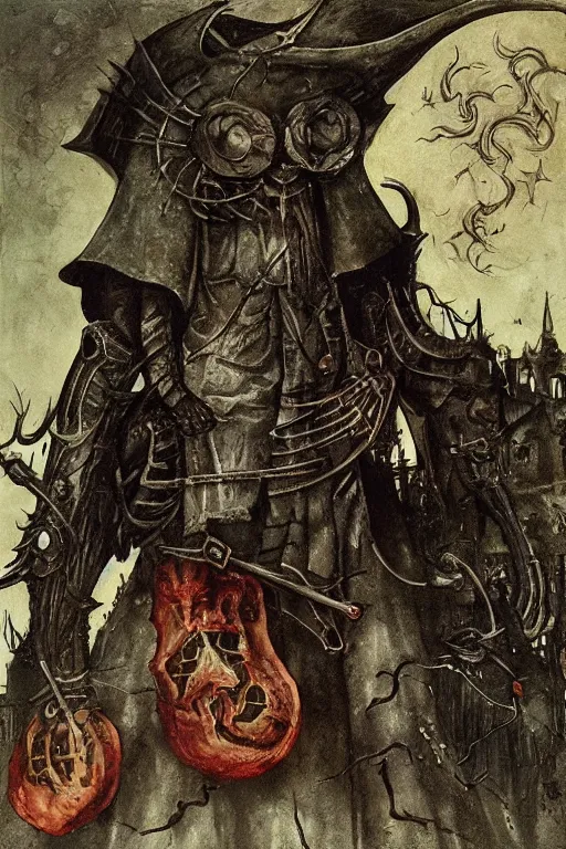 Prompt: bloodborne micolash, in the style of hieronymus bosch