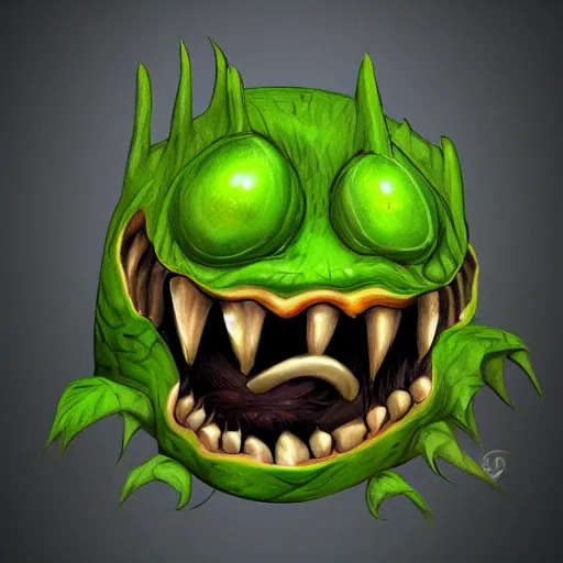 Image similar to Plant monster with a menacing smile and amber teeth, green body, semi realistic, trending on art station