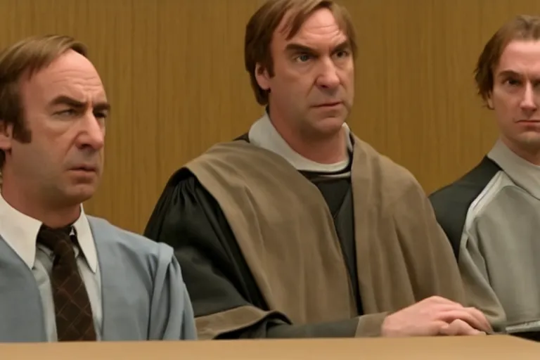 Image similar to saul goodman defends anakin skywalker wearing prisoner's uniform in court, court images, 1 0 8 0 p, court archive images