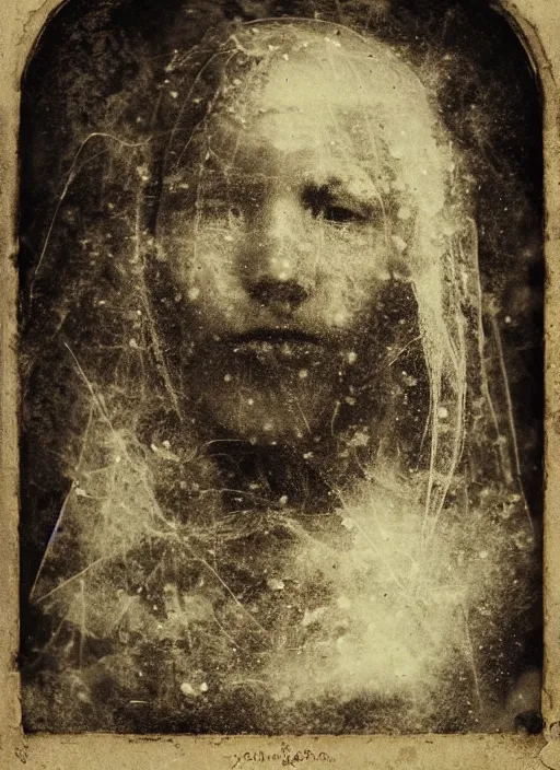 Prompt: old wet plate collodion photography portrait, explosion of data fragments, fractal, intricate, elegant, highly detailed, parallax, leica, medium format, subsurface scattering, by jheronimus bosch and greg rutkowski and louis jacques mande daguerre