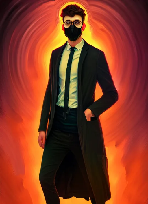 Image similar to handsome young man with black medical mask, half body shot, path traced, highly detailed, high quality, digital painting, alena aenami, lilia alvarado, shinji aramaki, karol bak, alphonse mucha, tom bagshaw