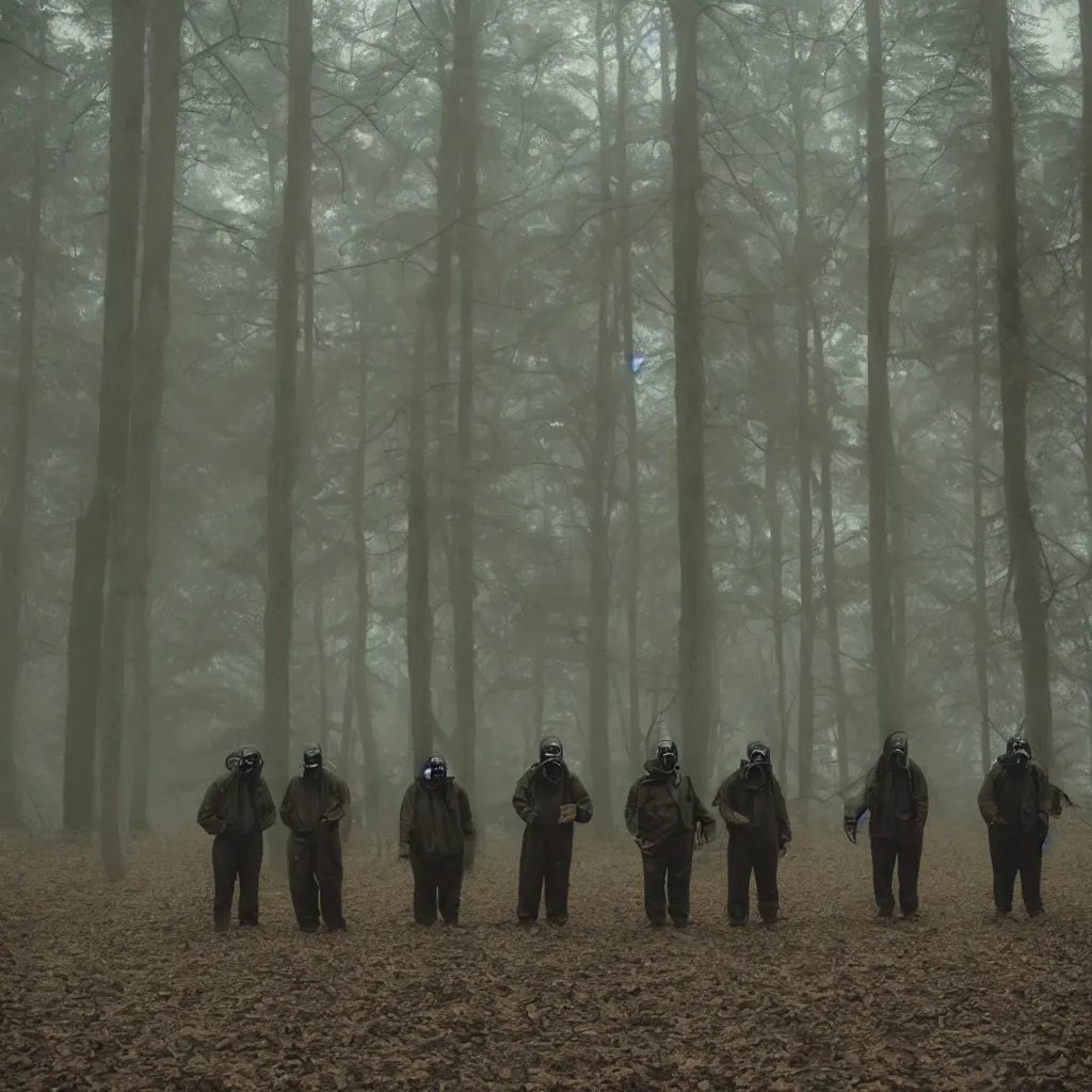 Image similar to high realistic photo portrait group of men with gas masks in a foggy forest, cinestill 800t 35mm, heavy grain, high quality