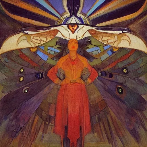 Prompt: war between the crow crown and the house of moths, by Annie Swynnerton and and Nicholas Roerich and Diego Rivera, symbolist, dramatic lighting, elaborate geometric ornament, god rays, rich colors,smooth, sharp focus, extremely detailed
