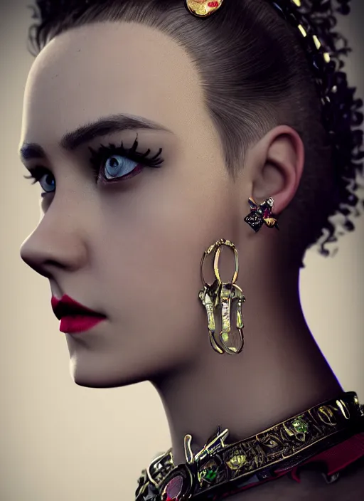 Image similar to a beautiful portrait of a beautiful girl with piercings in a collar with a mohawk hairstyle in a medieval dress, behance hd, oliver mark, global illumination, detailed and intricate environment