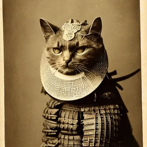 Prompt: “cat in full samurai armour, 1900’s photo”