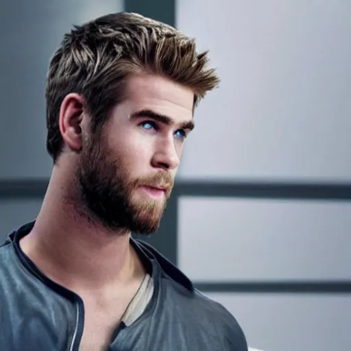 Image similar to a realistic detailed photo of a guy who is an attractive humanoid who is half robot and half humanoid, who is a male android, actor liam hemsworth, shiny skin, posing like a statue, blank stare, in a lab, on display, showing off his muscles