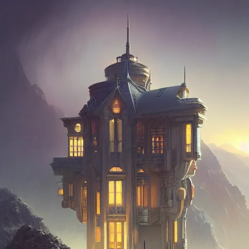 Image similar to Ultra realistic illustration of Futuristic Modern Mansion in the mountains , sci-fi, fantasy, intricate, elegant, highly detailed, digital painting, artstation, concept art, smooth, sharp focus, illustration, dramatic lighting, art by artgerm and greg rutkowski and alphonse mucha