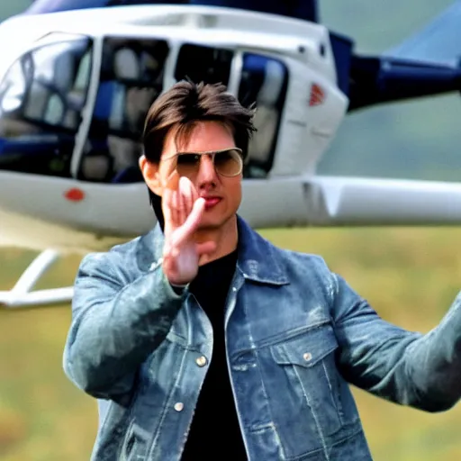 Image similar to Tom Cruise waving to fans. He's wearing bluejeans and a green jacket, Ralph Lauren. A helicopter is in the background. Shallow depth of field