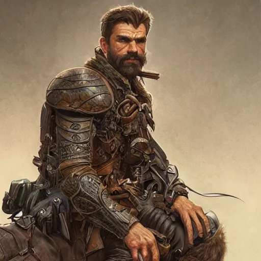 Prompt: portrait of a rugged ranger, coherent hands, handsome, muscular, full body, leather, hairy torso, d & d, fantasy, intricate, elegant, highly detailed, digital painting, artstation, concept art, smooth, sharp focus, illustration, art by artgerm and greg rutkowski and alphonse mucha