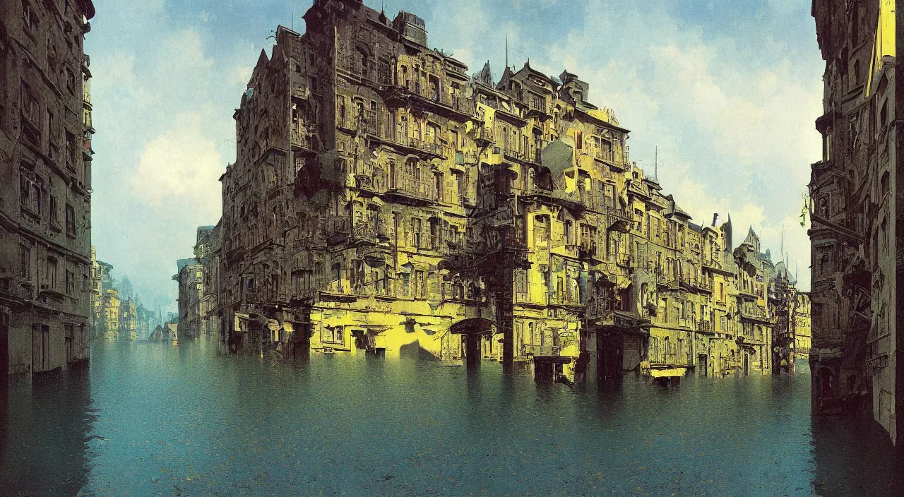 Prompt: flooded empty!! street, very coherent and colorful high contrast!! masterpiece by bruce pennington carl spitzweg rene magritte, full - length view, hard lighting, black shadows, sunny day, minimalist, vivid colors, symmetry, great composition, high detail, cinematic lighting