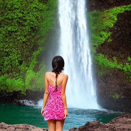 Prompt: head and shoulders shampoo bottle photo next to waterfall in hawaii