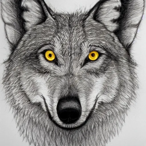 Image similar to a close-up of an anthro mexican gray wolf face wearing a yellow raincoat from Dark (Netflix series), pencil drawing