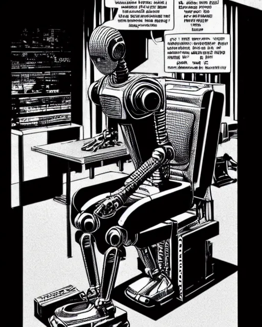 Image similar to robot wearing highly detailed hyperrealism neofuturistic cyberpunk neuralinterface is sitting on a chair, by wally wood and moebius