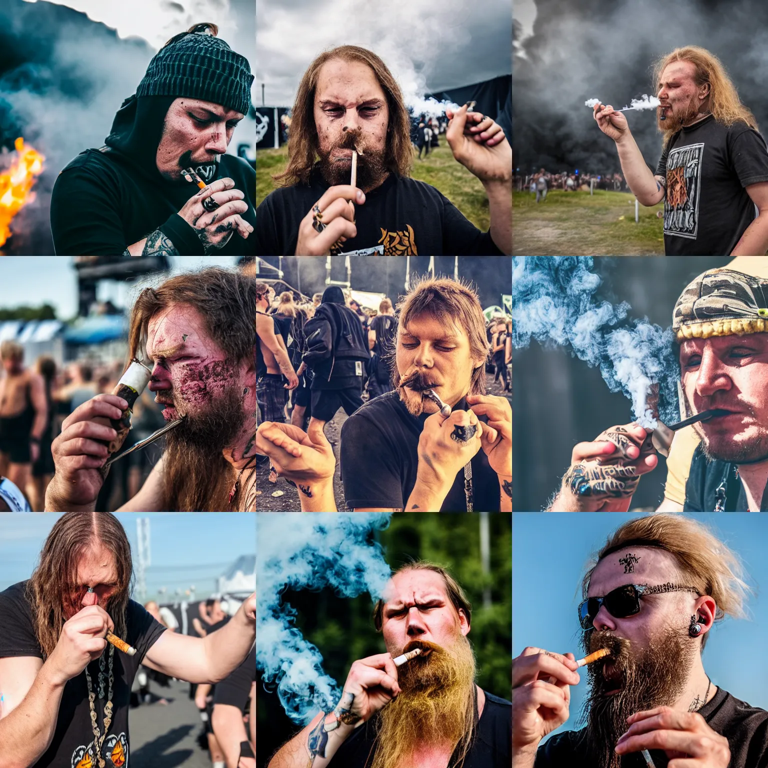 Prompt: a photo of a finnish man smoking weed at a heavy metal festival