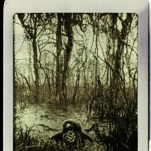 Image similar to creepy lovecraftian monster in swamp, 1910 Polaroid photo