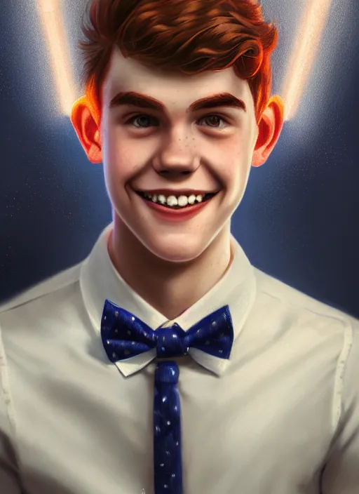 Image similar to portrait of teenage archie andrews, freckles, curly middle part haircut, curly hair, middle part hairstyle, smiling kindly, wearing a bowtie and sweater vest, intricate, elegant, glowing lights, highly detailed, digital painting, artstation, concept art, smooth, sharp focus, illustration, art by wlop, mars ravelo and greg rutkowski