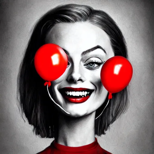 Prompt: surrealism grunge cartoon portrait sketch of margot robbie with a wide smile and a red balloon by - michael karcz, loony toons style, horror theme, detailed, elegant, intricate