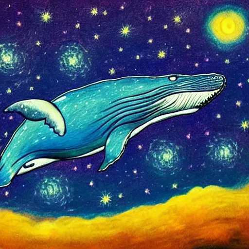 Prompt: portrait of whale swimming on a starry night sky, swimming across the universe, oniric, dreamy, beautiful,