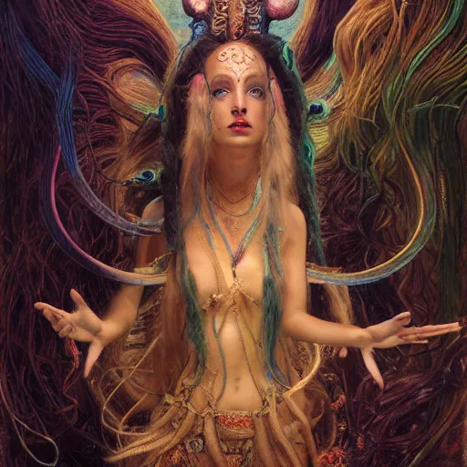 Image similar to birth of mami wata, sumerian goddess inanna ishtar, ashteroth, techno mystic goddess princess intergalactica, with aqua neon rapunzel dreadlocks, mami wata, detailed, by gaston bussiere, bayard wu, greg rutkowski, giger, maxim verehin, greg rutkowski, masterpiece, sharp focus,