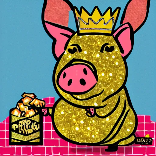 Image similar to pig in gold crown surrounded by pork rinds, pop-art