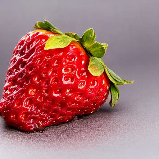 Prompt: macro photography studio lighting 3 point light of large strawberry dipped in melted dark chocolate award winning