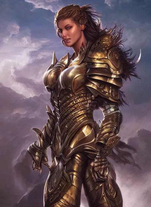 Image similar to a higly detailed airbrush full body shot and face portrait painting of a sensual paladin female character, dynamic lighting, ambient lighting, deviantart, art by artgerm and simon bisley and karol bak