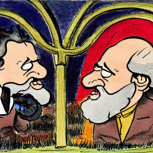 Image similar to the epic battle between Jordan Peterson and Karl Marx, stylised watercolour painting by William Blake and Matt Groening