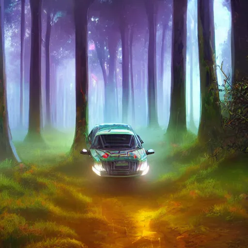 Image similar to car in futuristic spiritual mystical post apocalyptic forest by ron gilbert, dim painterly volumetric aquatic lighting, beautiful, crisp, artstation, highly detailed