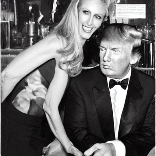 Image similar to donald trump in black tuxedo kissing ann coulter in a nightclub.