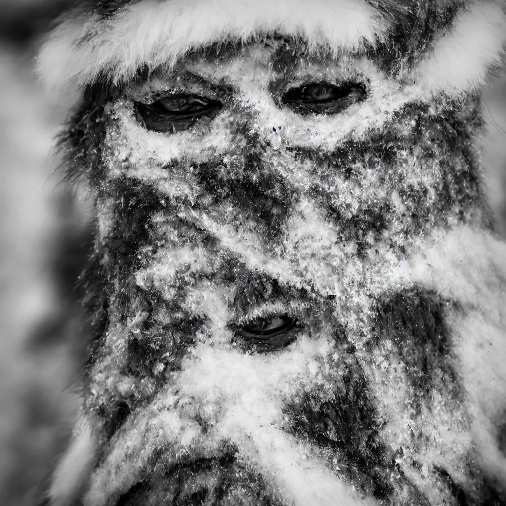 Prompt: highly detailed portrait photography gaze of a mad face, wearing a fine velvet silk face cover, in winter, 105mm f2.8 at the north pole