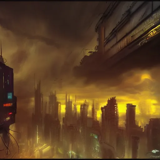 Prompt: Cyberpunk, steampunk, apocalyptic, surreal, sunset during a thunderstorm, otherworldy, purple, trending on artstation