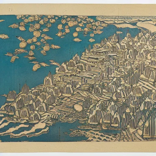 Image similar to 3d isometric botanical illustration of a small city in an island surrounded by water, diego rivera in Ukiyo-e style, HD