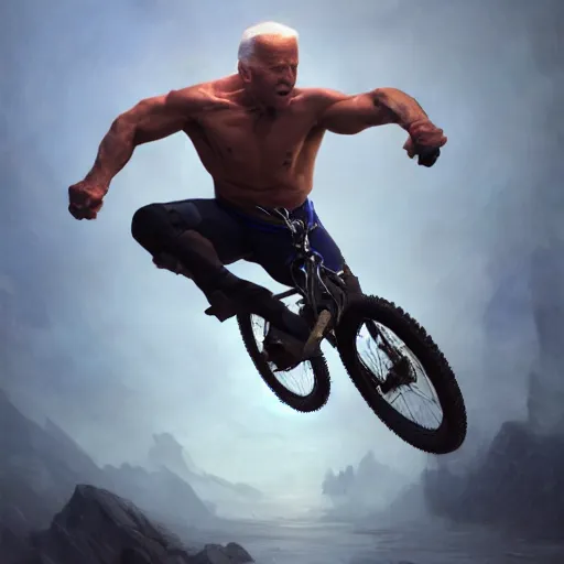 Prompt: Hyper realistic portrait of an action shot freeze frame of the notorious cyborg known as Joe Biden falling off a bike, Cinematic lighting, ultra super good realistic 3D render by Ruan Jia and Mandy Jurgens and Artgerm and william-adolphe bouguereau and Gerald Brom and James Jean, Trending on Artstation, 8k, post processing, sharp focus