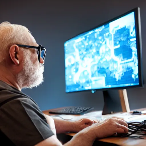 Prompt: a large old man with glasses streaming FPS game on his PC, 4k image,