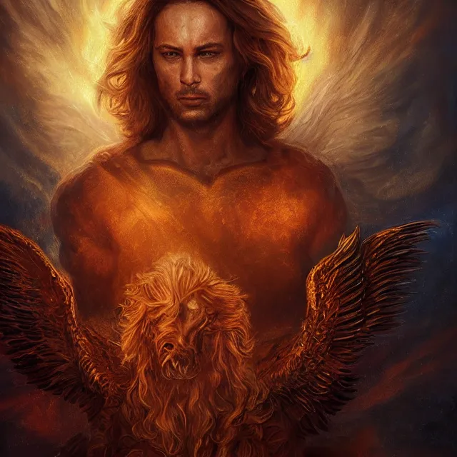 Image similar to majestic gracious archangel michael portrait, atmospheric lighting, painted, menacing, intricate, volumetric lighting, beautiful, rich deep colours masterpiece, golden hour, sharp focus, ultra detailed, by leesha hannigan, ross tran, thierry doizon, kai carpenter, ignacio fernandez rios