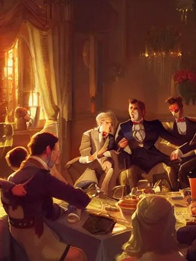 Prompt: a handsome humble diplomat chating in a party. intricate, elegant, highly detailed, digital painting, artstation, concept art, sharp focus, illustration, by justin gerard and artgerm, 8 k