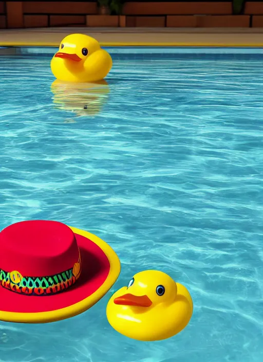 Image similar to photorealistic rubber duck in a pool wearing a sombrero hat, dynamic lighting, cinematic, hyper realism