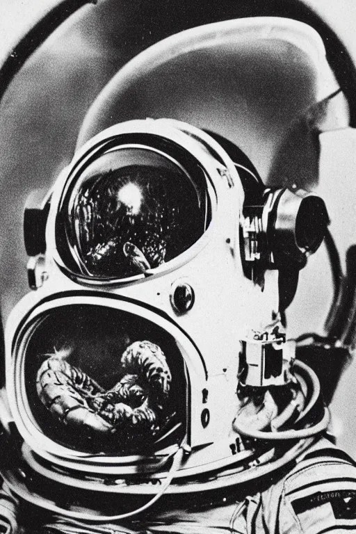 Prompt: extremely detailed studio portrait of space astronaut, alien tentacle protruding from eyes and mouth, slimy tentacle breaking through helmet visor, shattered visor, full body, soft light, disturbing, shocking realization, award winning photo by diane arbus