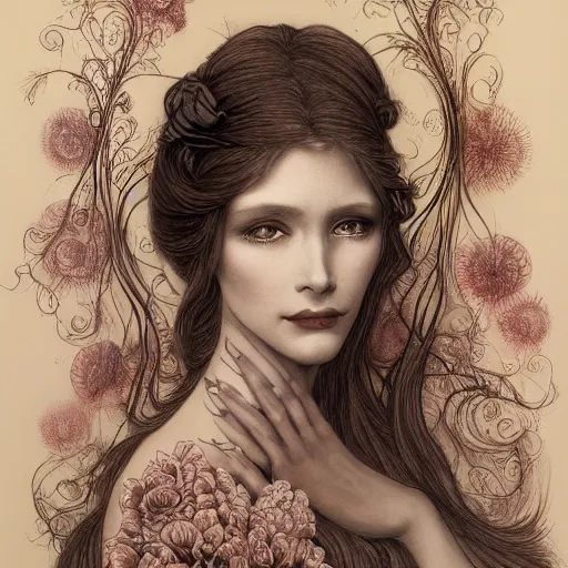 Image similar to facial portrait of a young pretty woman in flowing dress, arrogant, mysterious, long fine flowing hair, delicate, looking at camera, slightly awkward smile, realistic face, hands behind back, intricate, stylish, elegant, grimdark fantasy, flowers, art nouveau, extremely detailed painting inspired by Gerald Brom and Ernst Haeckel and Kaluta