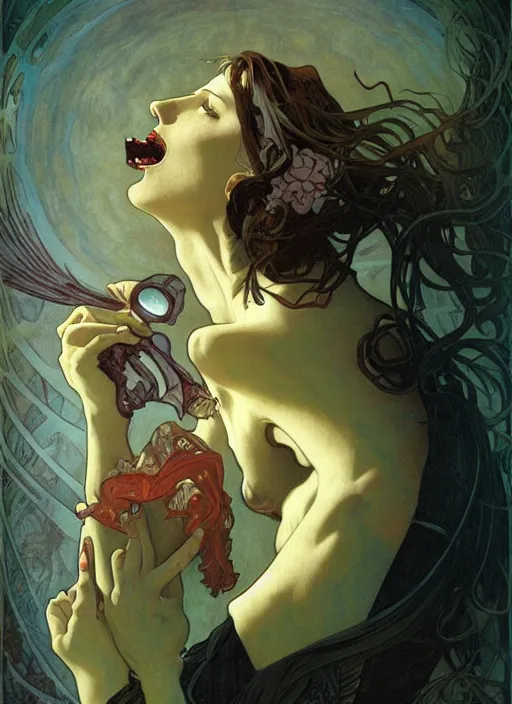 Image similar to portrait of a vampire!!!! with a sea lamprey!!!! mouth!!!, in the styles of ( national geographic ), alphonse mucha, peter mohrbacher, gerald brom, and marc simonetti, intricate, hyperrealistic, volumetric lighting