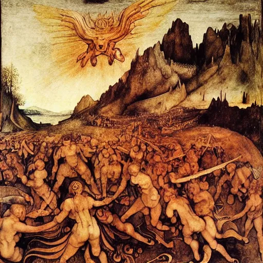 Image similar to vision of hell with winged demons flying over the flames, art by albrecht durer, art by hans memling, art by leonardo da vinci, art by francisco goya, art by pieter bruegel the elder, art by jan van eyck