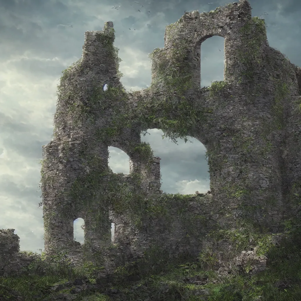 Image similar to looking up at a ruined castle on a small island only reachable by a small land bridge, 8 k, ultra realistic cinematic, intricate, cinematic light, concept art, illustration, art station