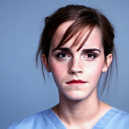 Prompt: emma watson, nurse scrubs, hospital, portrait, ponytail, mouth open, rolling eyes, head and shoulders, award winning, kodak ektachrome expired blue tint,