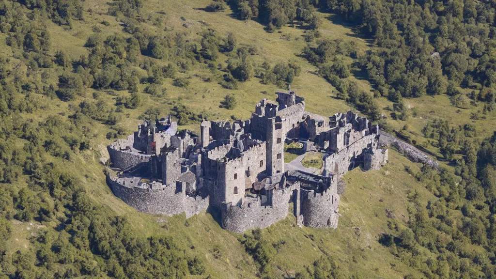 Prompt: a birds-eye camera angle of a medieval castle in the middle of a mountain plateau