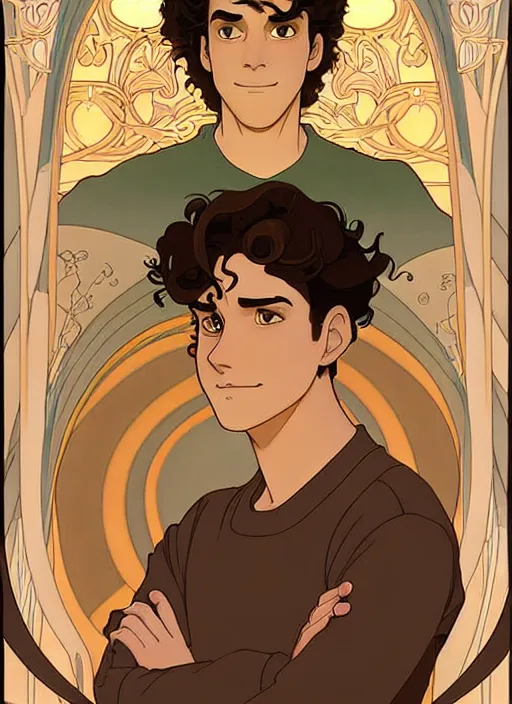 Image similar to well - lit art nouveau portrait of a young man with curly brown hair, brown eyes, annoyed facial expression, casual clothes, natural lighting, path traced, highly detailed, high quality, cartoon, digital painting, by don bluth and ross tran and studio ghibli and alphonse mucha