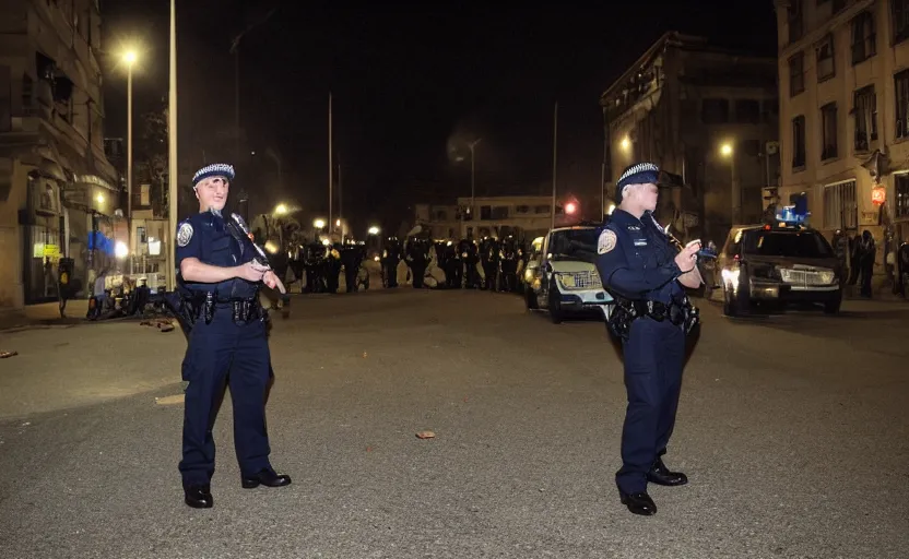 Image similar to photography of police in the night, smoking a very big joint, smiling, flash shot