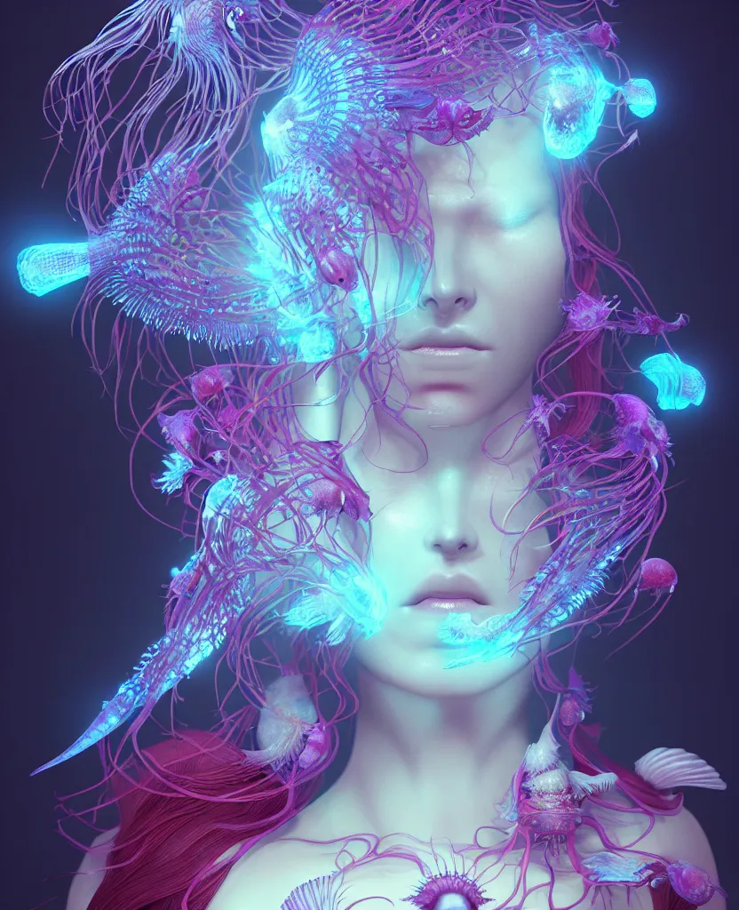 Image similar to goddess close-up portrait. orchid jellyfish phoenix head, nautilus, skull, betta fish, bioluminiscent creatures, intricate artwork by Tooth Wu and wlop and beeple. octane render, trending on artstation, greg rutkowski very coherent symmetrical artwork. cinematic, hyper realism, high detail, octane render, 8k