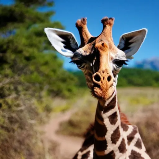 Image similar to An action photo of a giraffe with old school brown pilot goggles riding mountainbike, fast towards the camera, motion blur, high detail, wide shot